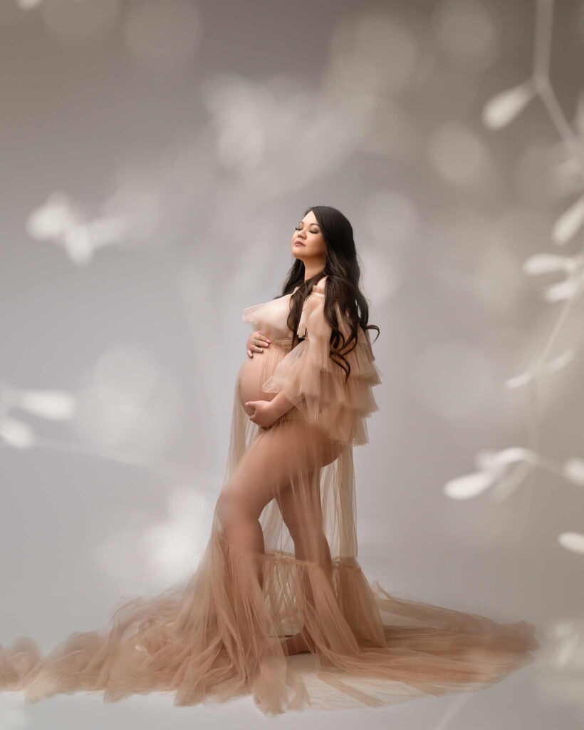 Calgary maternity photography, studio, indoor photoshoot, gown, floral