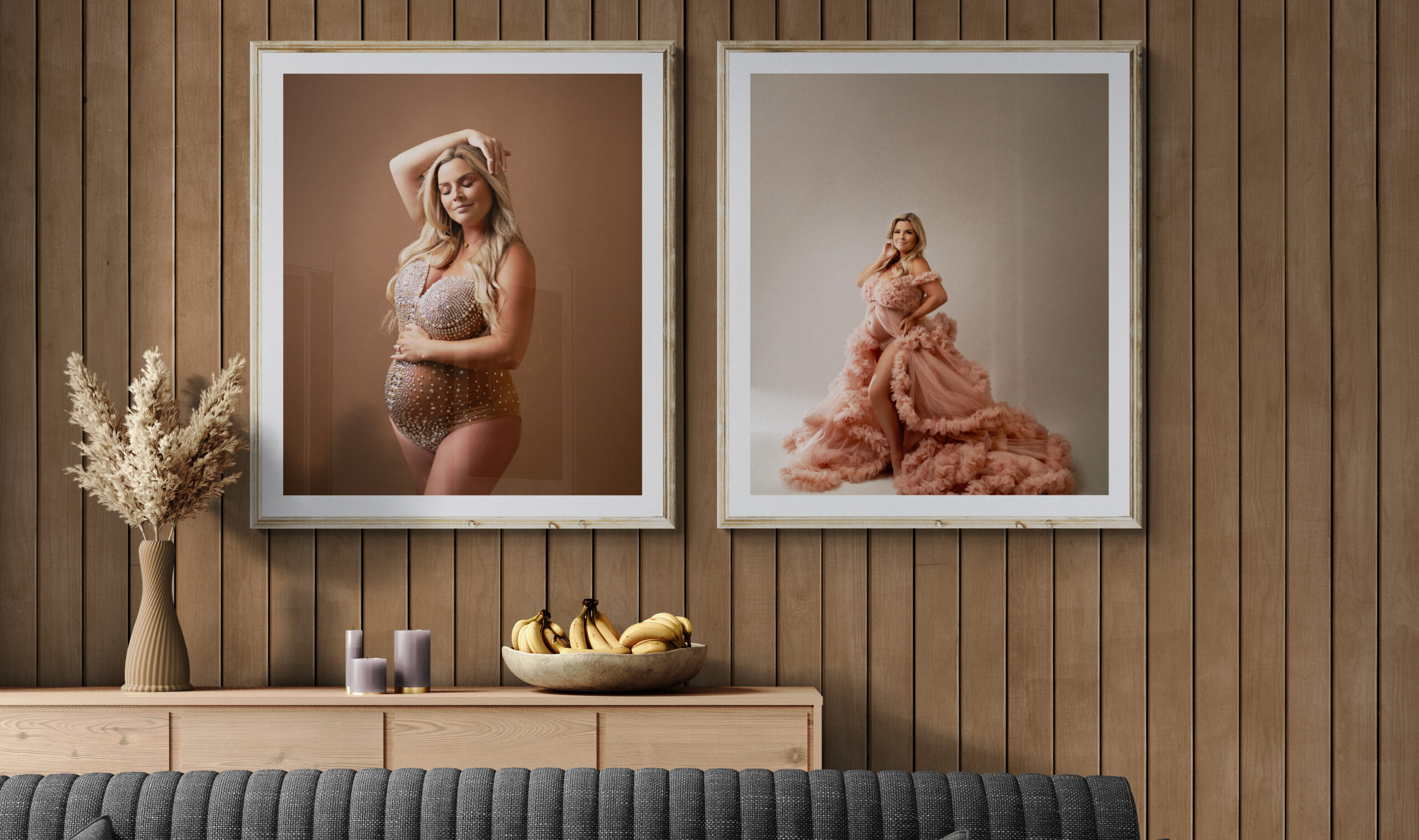 maternity photos put in framed wall art display, Calgary fine art photography studio