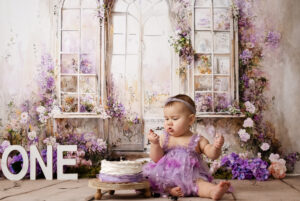 baby posing for her first birthday photoshoot, cake smash photos in Calgary studio